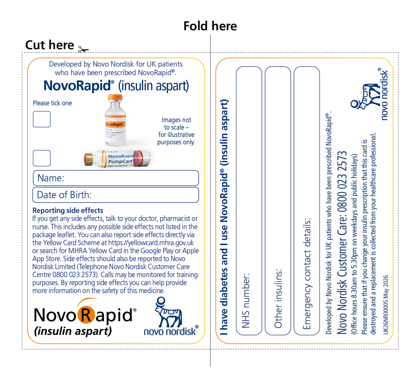 Alt Text: NovoRapid® for Vial and PumpCart® insulin safety card